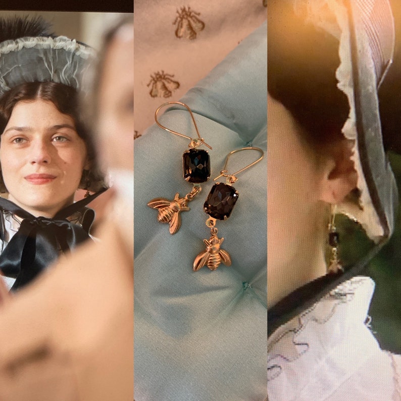 As Seen In Emma BEE Mourning Earrings by Lady Detalle, Vintage black glass, Reproduction historic Jane Austen Regency, gold bee earrings image 5