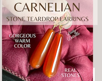 Real CARNELIAN stone Teardrops, 16k Gold reproduction historic Jane Austen Emma Regency jewelry, real Red Orange Brown CARNELIAN earrings