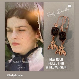 As Seen In Emma BEE Mourning Earrings by Lady Detalle, Vintage black glass, Reproduction historic Jane Austen Regency, gold bee earrings image 10