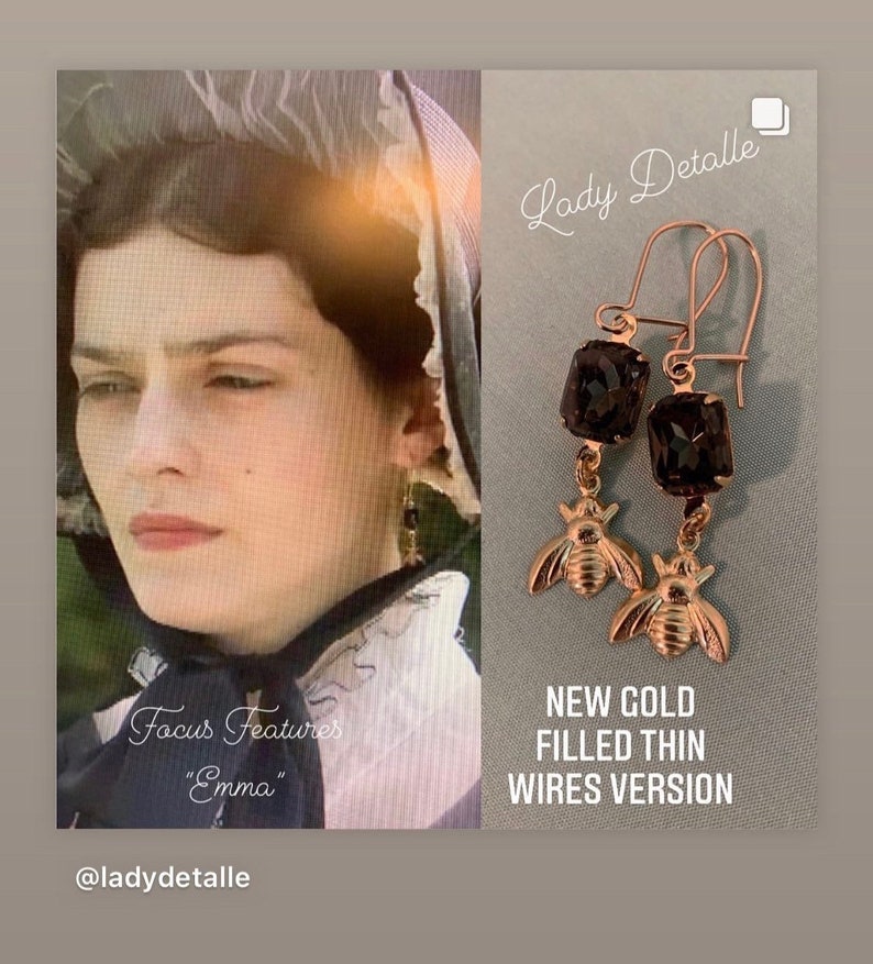 As Seen In Emma BEE Mourning Earrings by Lady Detalle, Vintage black glass, Reproduction historic Jane Austen Regency, gold bee earrings image 10