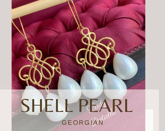 GIRANDOLE Pearl Georgian Earrings, Shell Teardrop Pearls, 16k Gold plated Georgian Girandole style CHANDELIER 3 drop earrings