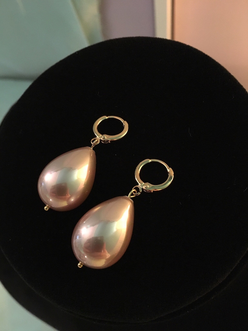 16k gold plated brass loops HUGE Champagne PEARL Earrings Large SHELL Pearl Teardrops Large dark Champagne Pearl Heavy earrings