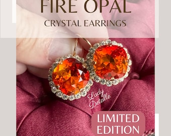 Últimas peças, brincos de opala de fogo, ouro 16k ou prata, raros e descontinuados, com cristais de opala de fogo e halo transparente, em tons de vermelho, laranja e amarelo.