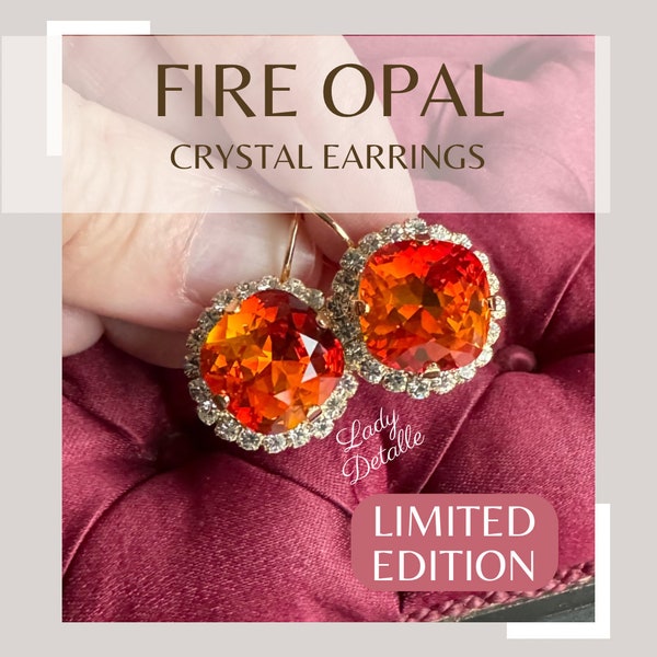 FIRE Opal Earrings, 16k Gold or Silver, rare discontinued Fire Opal CRYSTAL glass stones clear Halo surround, shimmering red orange yello