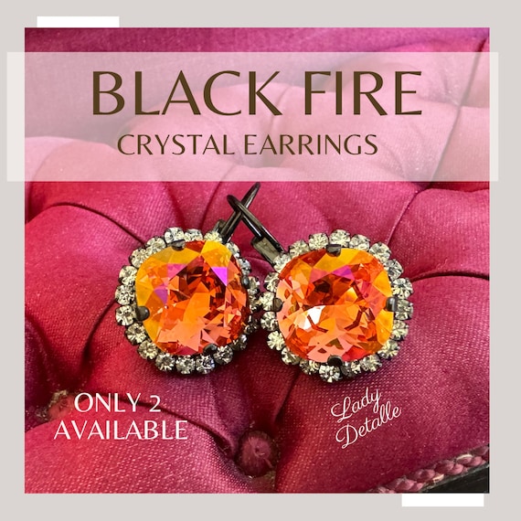 Black Pink FIRE Opal Earrings, rhinestones, Fire opal CRYSTAL stones, shimmering pink red orange yellow high end crystal stones, Royal You