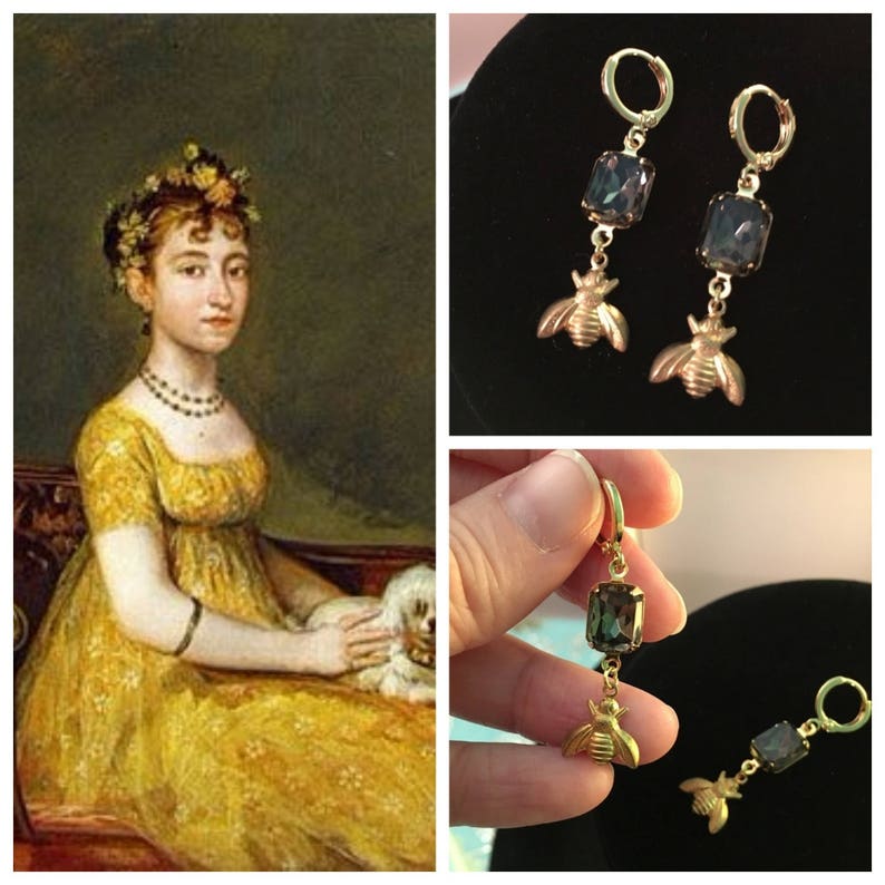 As Seen In Emma BEE Mourning Earrings by Lady Detalle, Vintage black glass, Reproduction historic Jane Austen Regency, gold bee earrings image 2