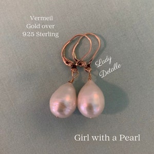 925 Vermeil Girl With a PEARL Earrings, PAIR Large real Teardrop Pearl Gold Sterling Premium earrings, Historic Inspired by Vermeer Painting image 5