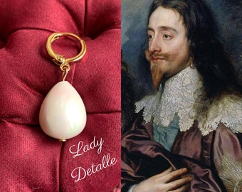 Mens SHELL PEARL Earring, Gold or Silver, Reproduction Historic Renaissance Tudor MENs Faux Pearl earring, single teardrop SHELL pearl