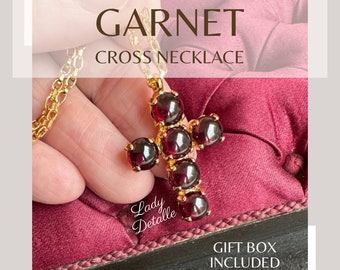 Real GARNET CROSS Necklace, Elizabeth Bennet Garnet CROSS, Pride and Prejudice Jane Austen Regency Garnet 16k gold cross pendant necklace