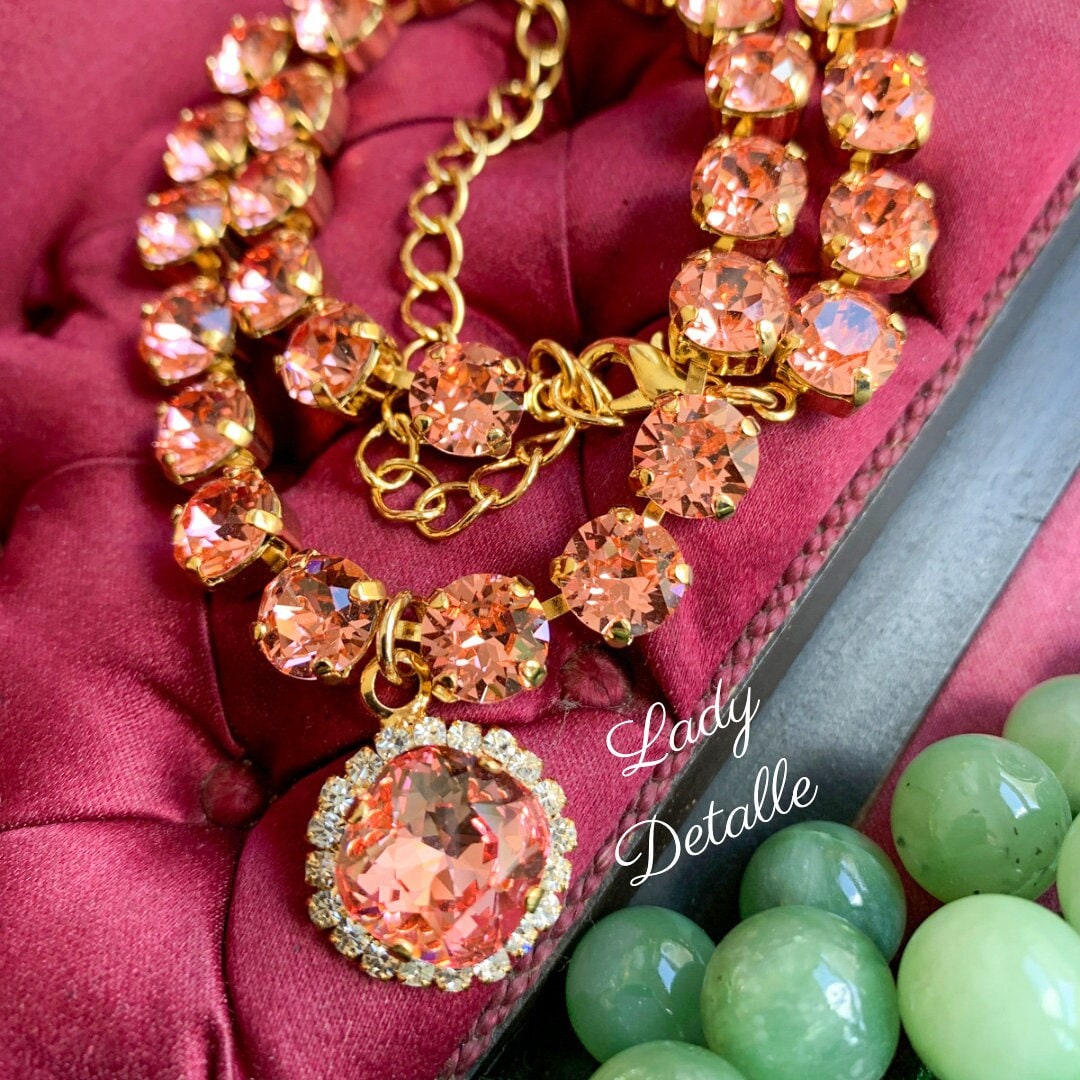 Warm PINK Gold Necklace, Pendant, Warm PINK Crystal Stones, 16k Gold