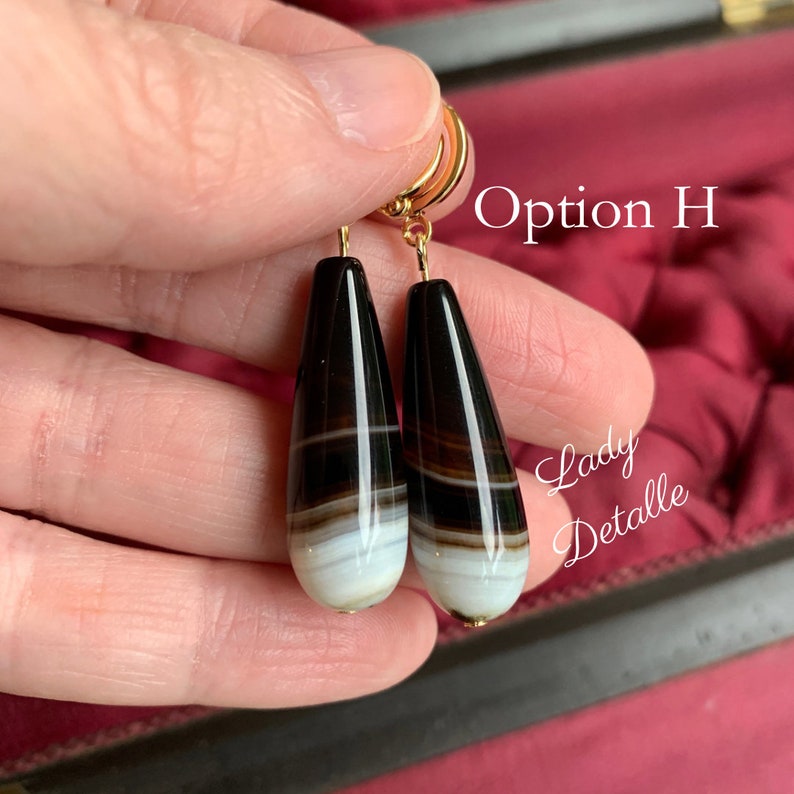 Banded Agate VICTORIAN Teardrop Earrings, 16k gold or silver historic Reproduction Stunning Long Black agate stone teardrop scottish jewelry image 10