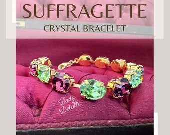 Suffragette Crystal Bracelet, Small Oval, 16k gold or Silver Historic Repro Edwardian Amethyst Peridot color Crystal stones, VOTES for Women