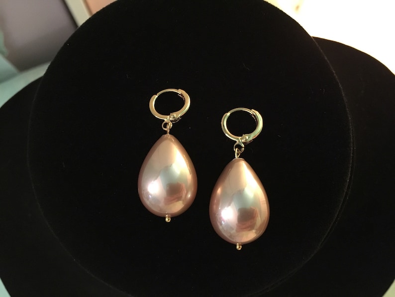 16k gold plated brass loops HUGE Champagne PEARL Earrings Large SHELL Pearl Teardrops Large dark Champagne Pearl Heavy earrings