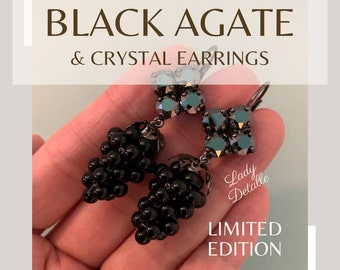 Fancy BLACK Grape MOURNING Earrings, 16k Gold, Silver or Gunmetal, Jet Black Crystals, reproduction Victorian Black Agate grapes