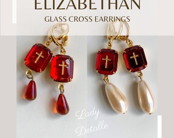 Red ELIZABETHAN CROSS Earrings, Red Vintage glass stone, 16K Gold Loops, Reproduction historic Ruby Red Martyr Tudor Cross earrings