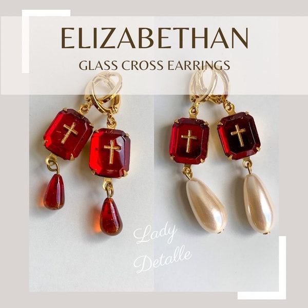 Red ELIZABETHAN CROSS Earrings, Red Vintage glass stone, 16K Gold Loops, Reproduction historic Ruby Red Martyr Tudor Cross earrings