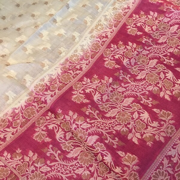 Medium Pink and Cream White Silk Shawl, Woven, Gorgeous Pink and Cream Silk and thread embroidery Dupatta, gorgeous embroidered Shawl