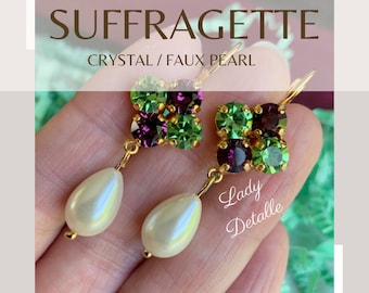 Orecchini di perle Suffragette, oro argento o argento antico, riproduzione storica di perle finte, ametista, peridoto, pietre di cristallo, VOTES for Women