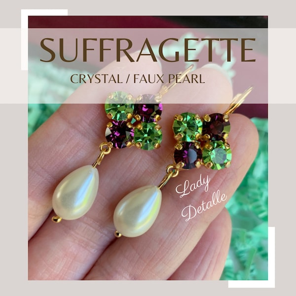 Suffragette Pearl Earrings, Gold Silver or Antique Silver, Historic Reproduction Faux Pearl Amethyst Peridot Crystal stones, VOTES for Women