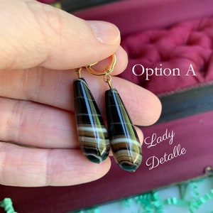 Banded Agate VICTORIAN Teardrop Earrings, 16k gold or silver historic Reproduction Stunning Long Black agate stone teardrop scottish jewelry image 3