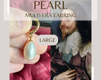 Single PEARL MENs Earring Very Fine LARGE Pearl Teardrop earring, Gold Silver Reproduction Historic MENs Pearl earring single teardrop pearl