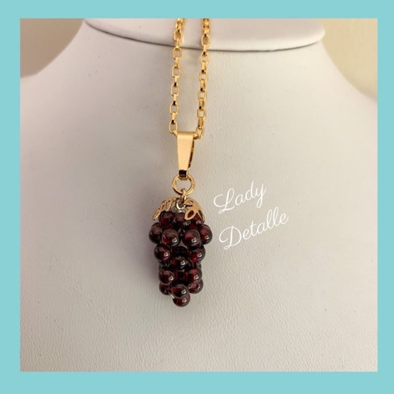 Garnet GRAPE Necklace by Lady Detalle, Reproduction Victorian real Garnet Grapes 16k gold Pendant Necklace Jewelry gift summer wine wedding image 4