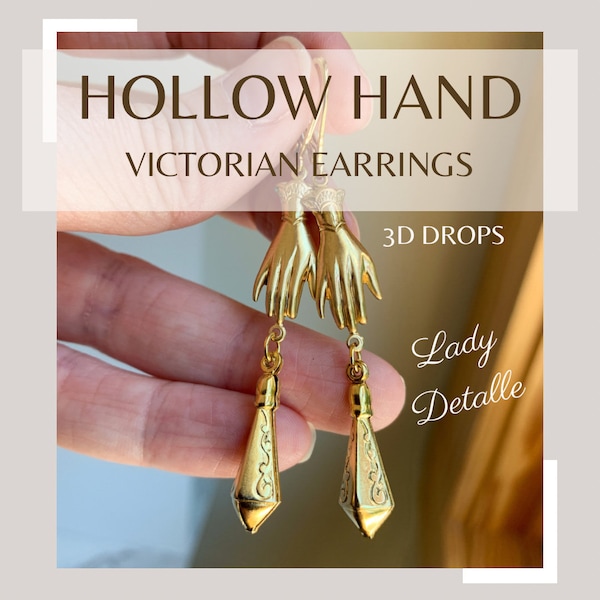 Victorian HAND 3D Pendulum dangle Earrings, 16k gold historic Reproduction Victorian Jewelry, Long Gold HOLLOW Hand Torpedo drop earrings