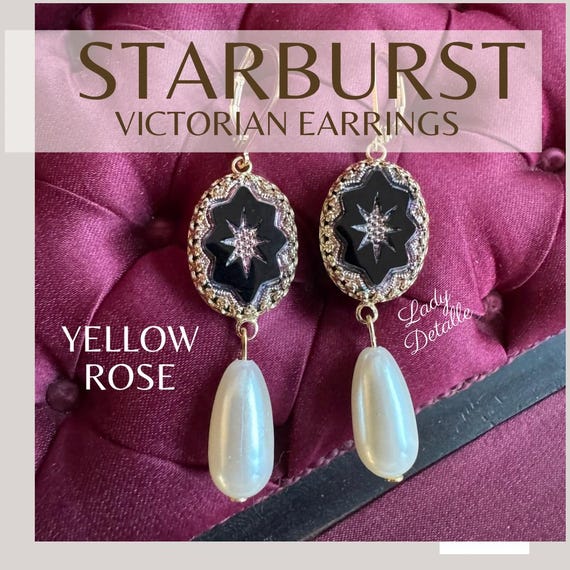 Gold and black INTAGLIO, Pearl EARRINGS, 16k gold plated loops, OVAL Jet Black and Gold Starburst Intaglios reproduction Victorian earrings
