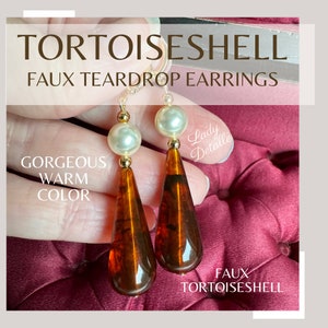 Faux TORTOISEShell TEARDROP Victorian Earrings, Mid Victorian reproduction historic brown faux Tortoise shell Teardrops 16k gold jewelry