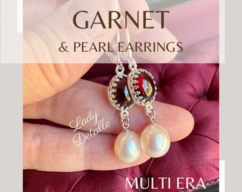 Tiny Real GARNET Pearl Earrings, historic reproduction Regency or Edwardian Earrings, 16k Gold or Silver plated, Tiny GARNET Pearl earrings