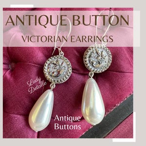 Antique BUTTON Hematite Earrings, Silver plated Thin wires, antique vintage Glass button crown earrings, Mid Victorian Repro jewelry