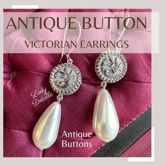 Antique BUTTON Hematite Earrings, Silver Plated Thin Wires