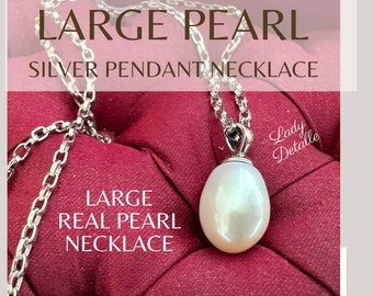 OVAL Pearl Pendant Necklace, real Very FINE Pearl, 925 Sterling Bail, LUSTER high grade real pearl Pendant Silver Rhodium Chain Necklace