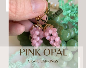 PINK Opal GRAPE Earrings, VICTORIAN, Reproduction 19th century medium Pink opal grape earrings, 16K gold or Silver