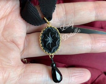 Victorian MOURNING Necklace, Ribbon necklace, Black intaglio starburst glass, jet dangle, OVAL Black ETCHED glass, repro Victorian mourning