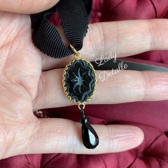Victorian MOURNING Necklace, Ribbon Necklace, Black Intaglio