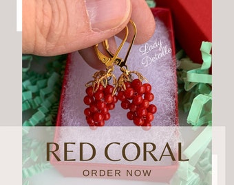 TINY Red CORAL Grape Earrings, GEORGIAN, Reproduction 18th or 19th century Red Coral grape earrings, 16K gold or Silver Coral Grape Jewelry