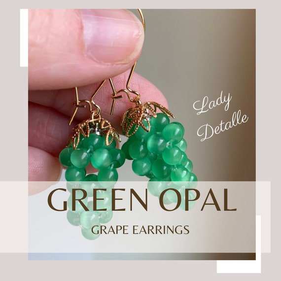 Green OPAL GRAPE Earrings, VICTORIAN Reproduction Emerald Green opal Grape earrings, 16K gold or Silver, real Green opal stone earrings