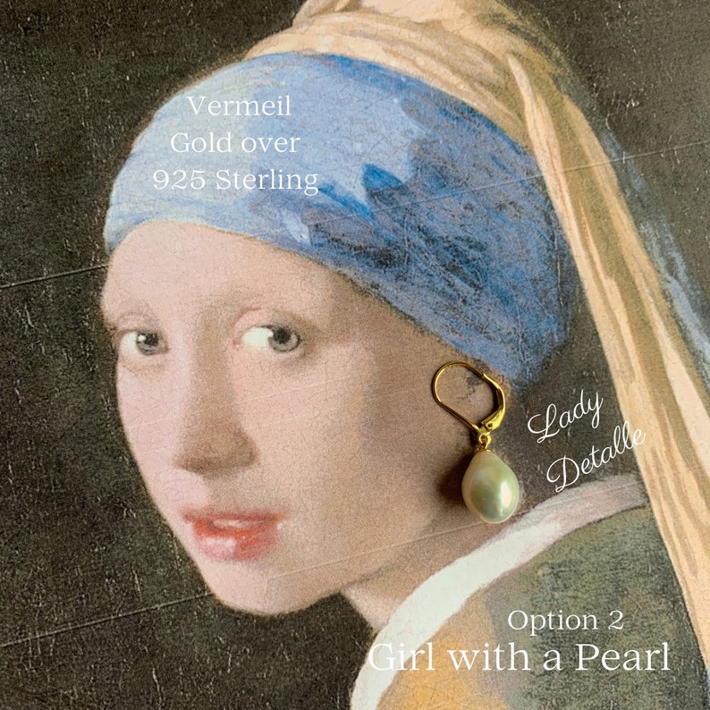 925 Vermeil Girl With a PEARL Earrings, PAIR Large real Teardrop Pearl Gold Sterling Premium earrings, Historic Inspired by Vermeer Painting image 9