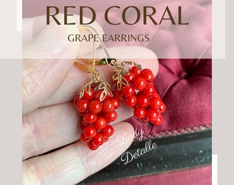 Pendientes de uva de coral rojo, GEORGIA, Reproducción del siglo XVIII, Pendientes de uva de coral rojo, Pendientes de recreación, Oro de 16 quilates, Plata, Coral de Italia