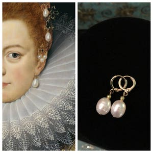 Gold PEARL Earrings, REAL Pearls, Gold or Silver, Reproduction Historic real FRESHWATER pearl hoop earrings, lovely glowing teardrop pearls