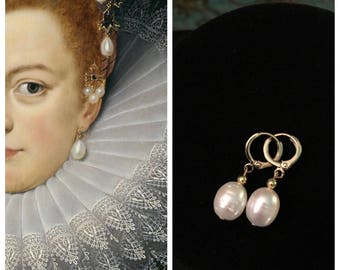 Boucles d'oreilles en or et perles, vraies perles, or ou argent, reproductions de véritables boucles d'oreilles historiques en perles d'EAU DOUCE, belles perles en forme de larme rougeoyantes