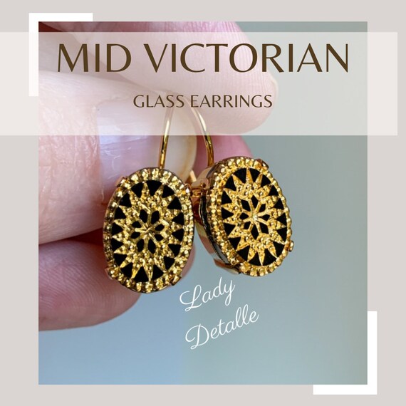 Mid VICTORIAN Gold Black Earrings, Historic QUILT Sunburst Design Glass EARRINGS, 16k Gold Silver, glass cabochons oval Victorian earrings