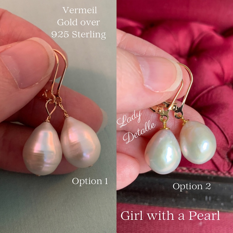 925 Vermeil Girl With a PEARL Earrings, PAIR Large real Teardrop Pearl Gold Sterling Premium earrings, Historic Inspired by Vermeer Painting image 6