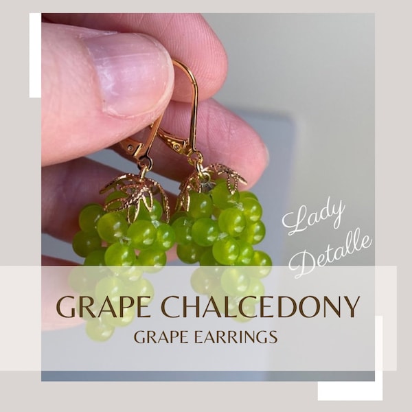 GRAPE Chalcedony Grape Earrings, Historic Reproduction, 16k gold, Silver Chartreuse Green GRAPE Chalcedony stone beaded Large grape earrings