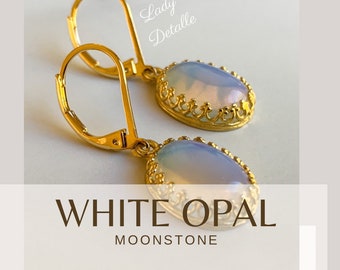 Brincos de pedra da lua OPAL verdadeiros, banhados a ouro 16k ou prata, lindos brincos de pedra da lua OPAL branca leve e brilhante, presente de joia para ela