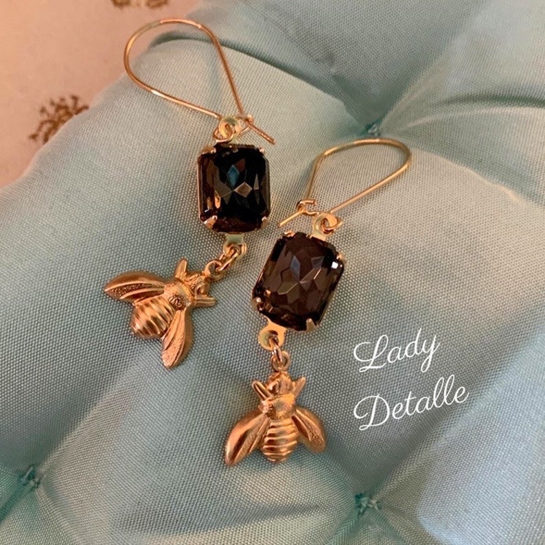 As Seen In Emma BEE Mourning Earrings by Lady Detalle, Vintage black glass, Reproduction historic Jane Austen Regency, gold bee earrings image 3