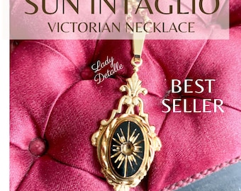Victorian SUN Intaglio Necklace, Gold and Black Intaglio, 16k gold plated thin rolo chain late 19th century reproduction gold black necklace
