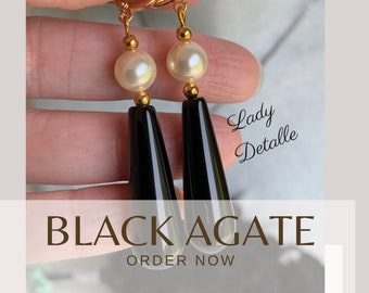 BLACK Agate Long Teardrops, historic Reproduction, 16k gold plated brass, reproduction historic, black agate stone Gothic historic earrings