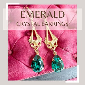 Emerald GREEN Edwardian Earrings, 16k gold plated, Long gold chandelier, crystal stone Edwardian Art Deco earrings